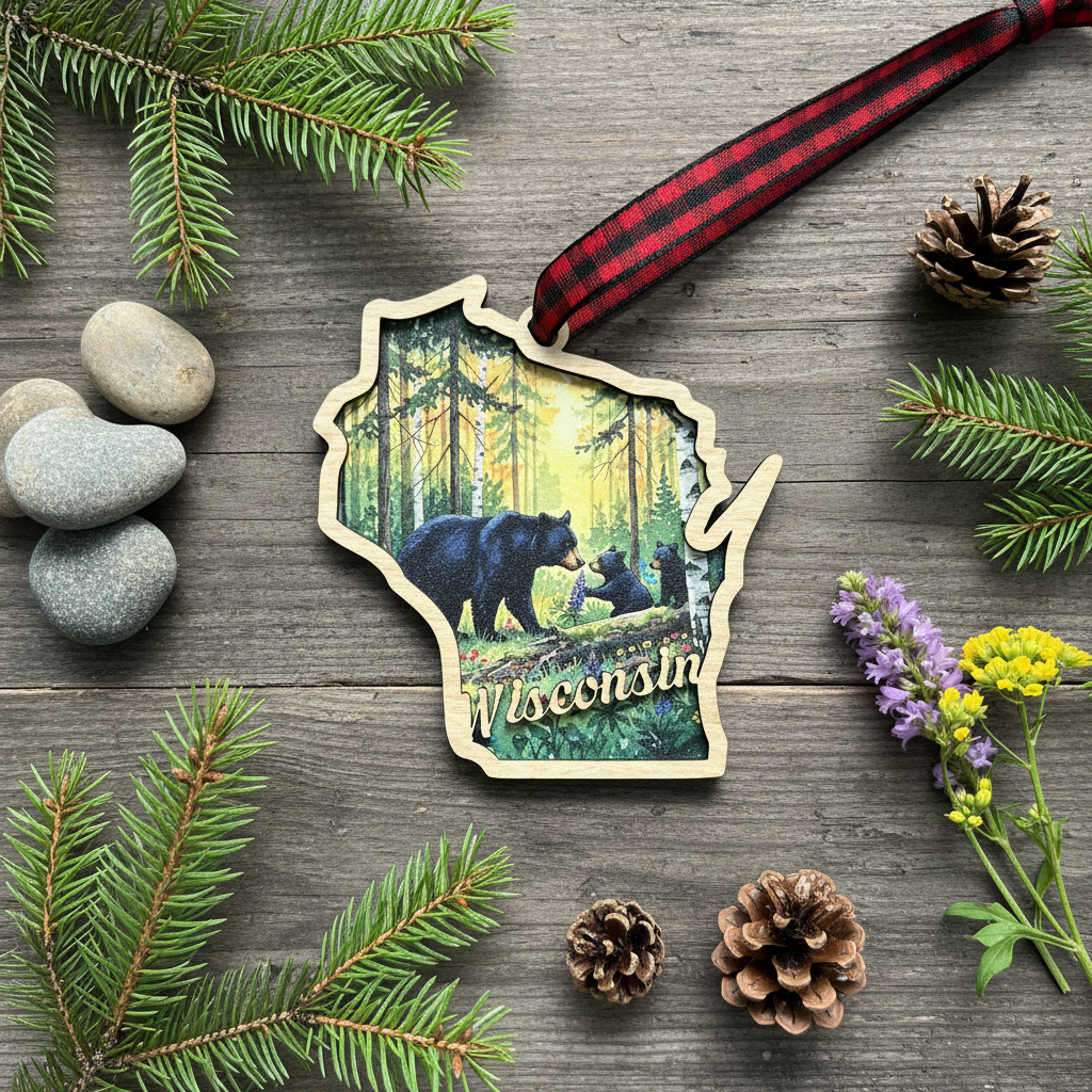 Wisconsin-shaped ornament with a bear and cubs in a forest scene, hanging from a red and black plaid ribbon on a rustic wood surface with pine branches, stones, and pinecones.