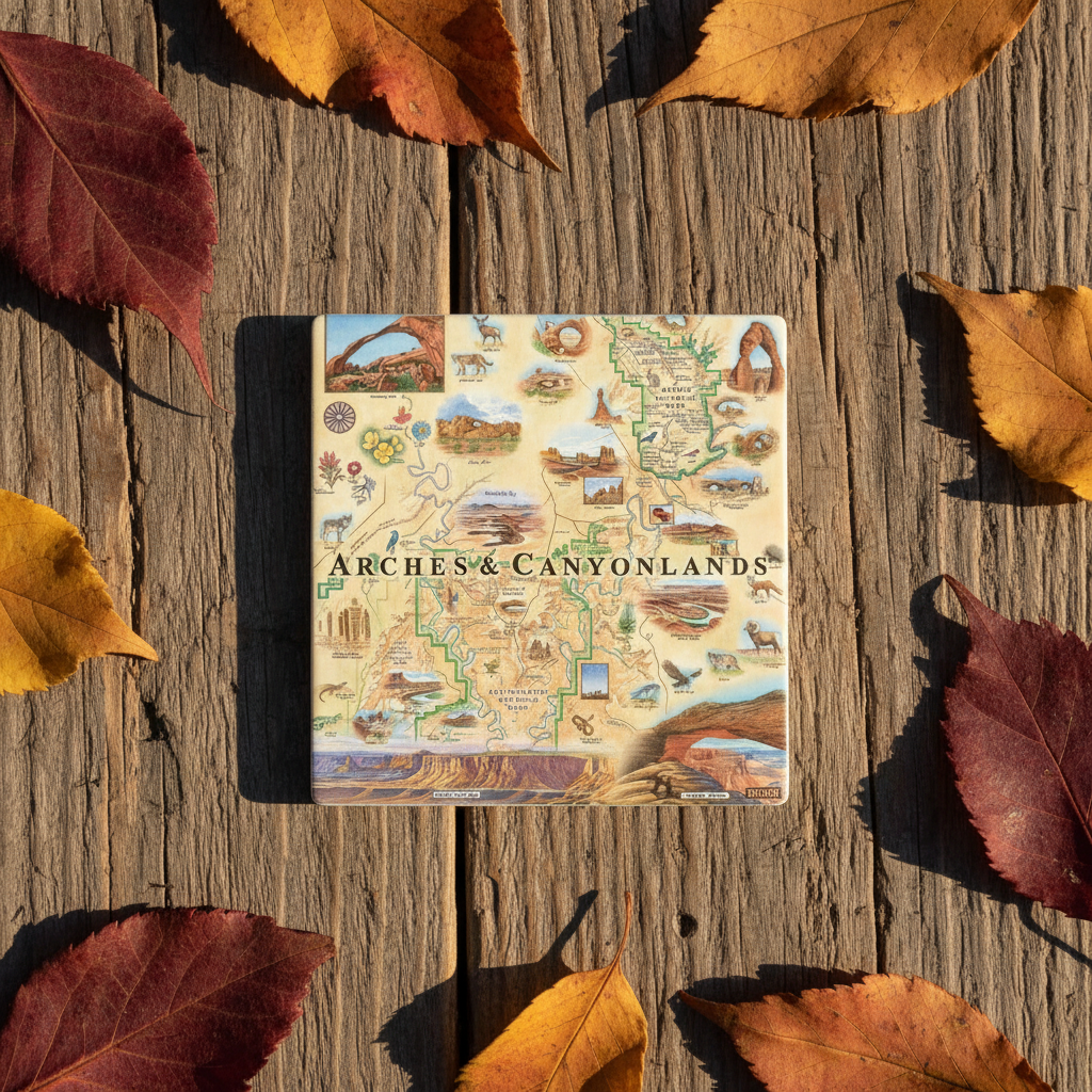 Square ceramic coasters with an arches and canyonlands national Park themed map set against a wood background with leaves, arranged around the outside