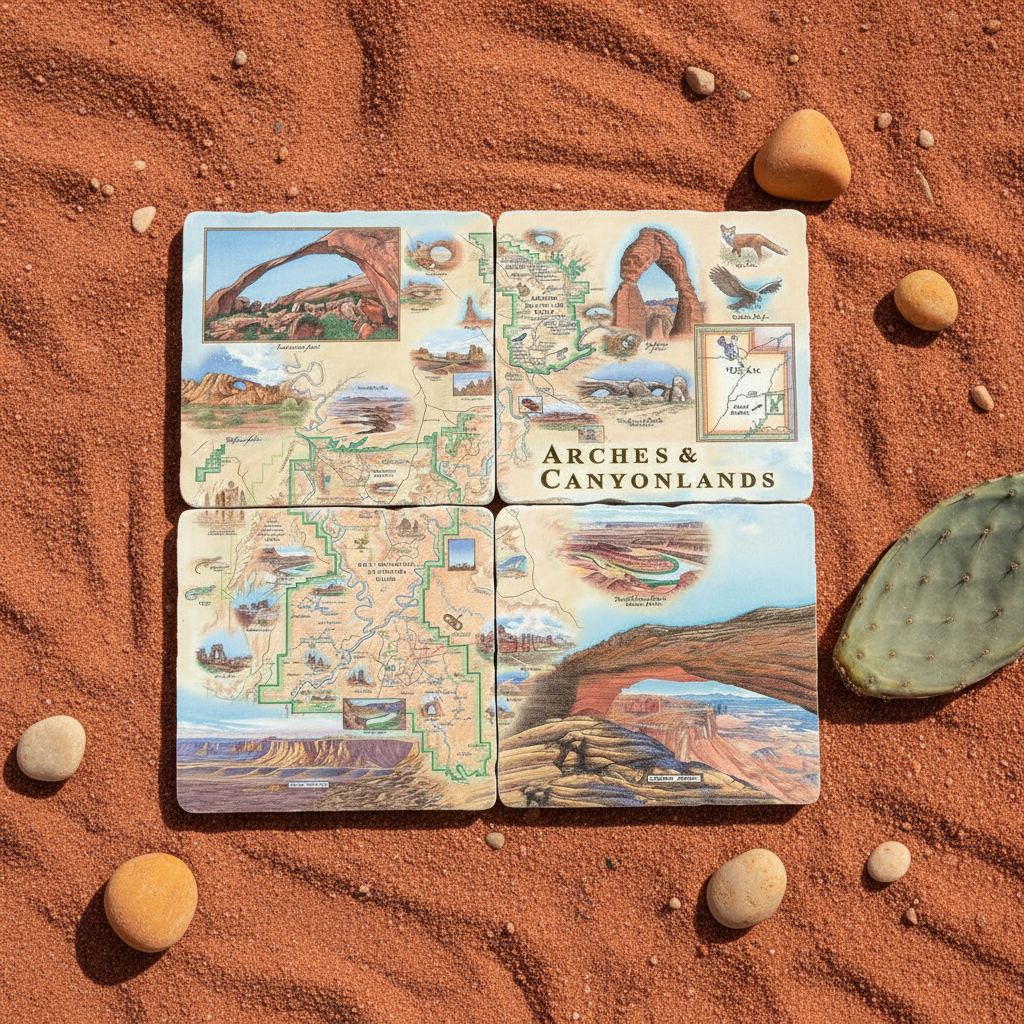 Four square coasters featuring illustrated maps and scenes of Arches National Park, arranged in a 2x2 grid on reddish sand with small stones and a cactus nearby.