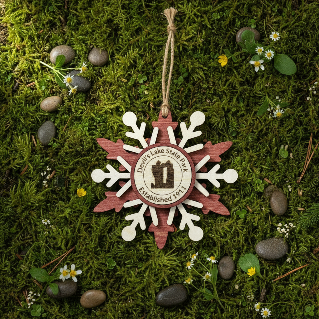 Decorative ornament with 'Devil's Lake State Park' text on a green moss background