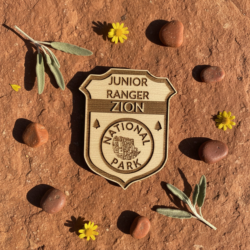 Zion Junior Ranger badge on red sandstone surface with pebbles