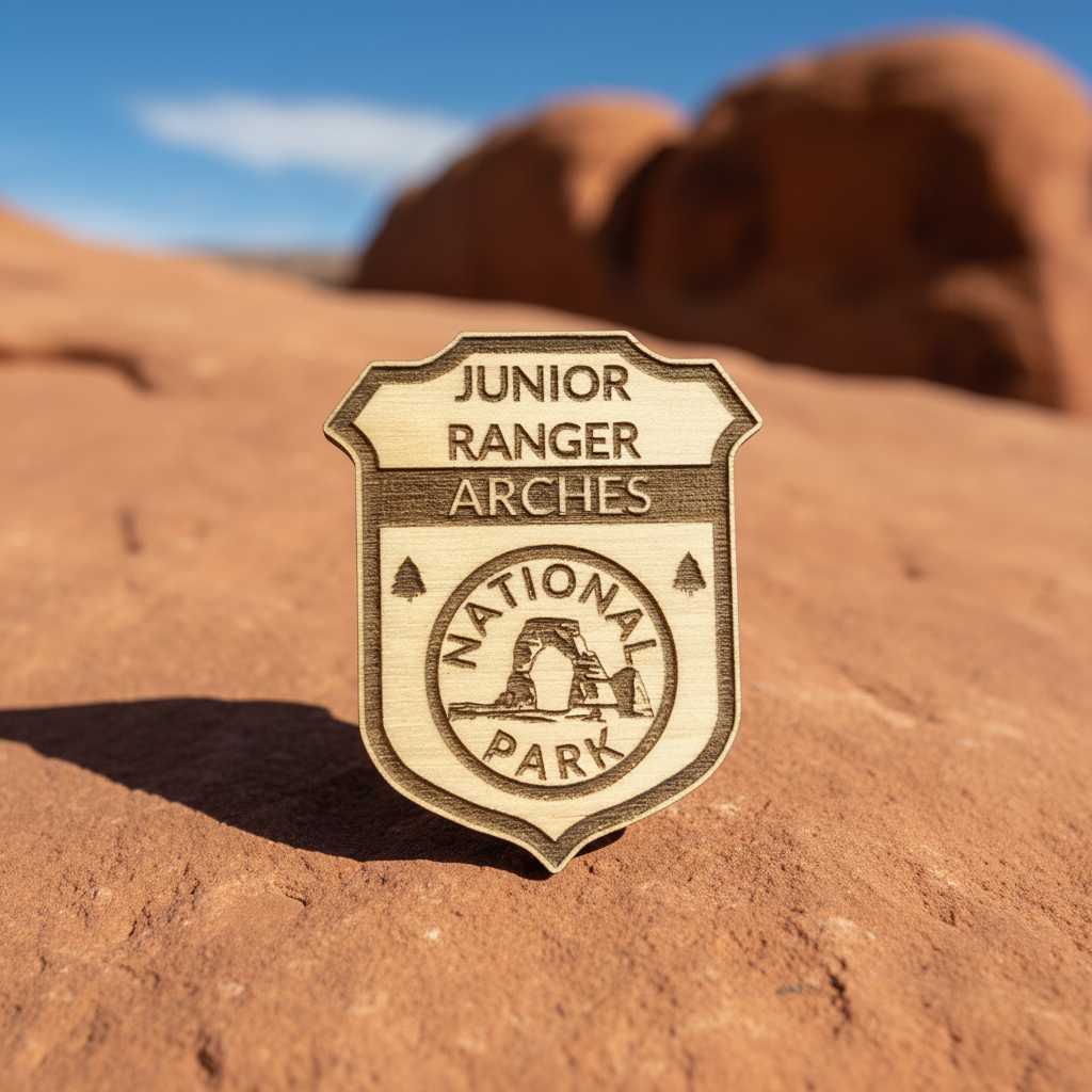 A shield-shaped badge reading 'JUNIOR RANGER ARCHES' and 'NATIONAL PARK' stands upright on a red rock surface outdoors, with blurred desert formations and blue sky in the background.