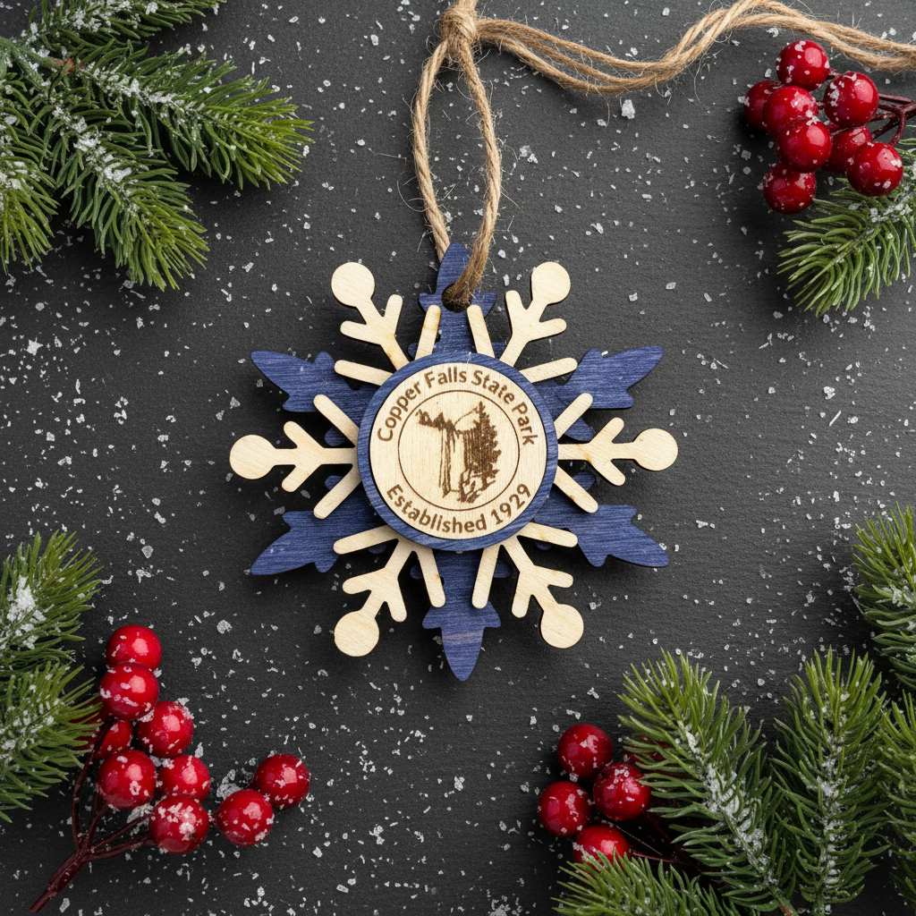 Decorative snowflake ornament with Copper Falls State Park logo on a dark surface with Christmas elements.