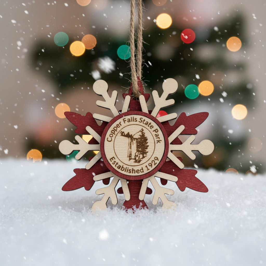 Wooden snowflake ornament with Copper Falls State Park logo hanging in front of a blurred Christmas tree.