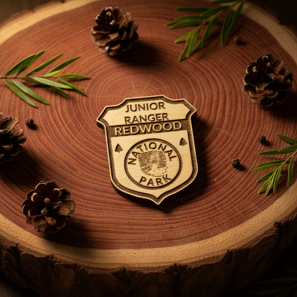 A shield-shaped enamel pin reading 'JUNIOR RANGER REDWOOD NATIONAL PARK' is displayed on a round wood slice with pinecones and green leaves around it.
