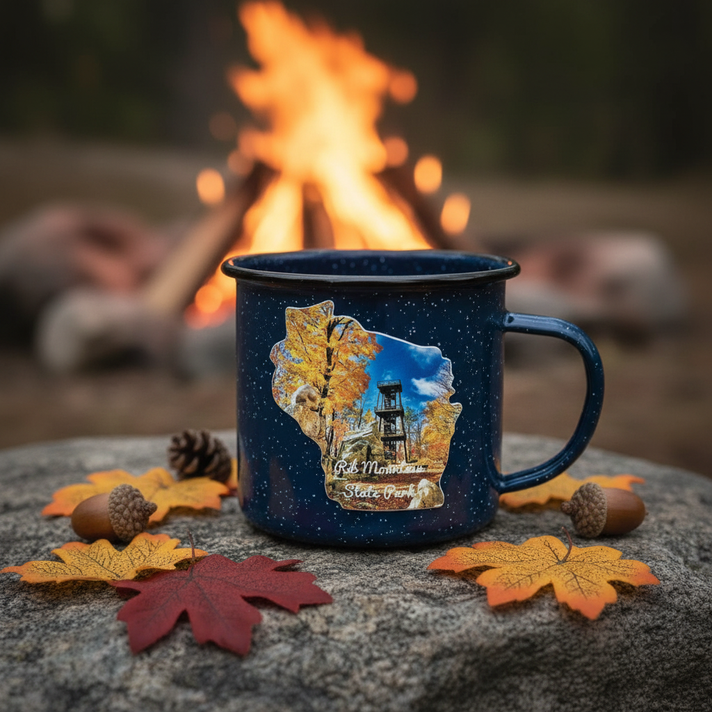 Blue enamel mug with a scenic design on a rock in front of a campfire