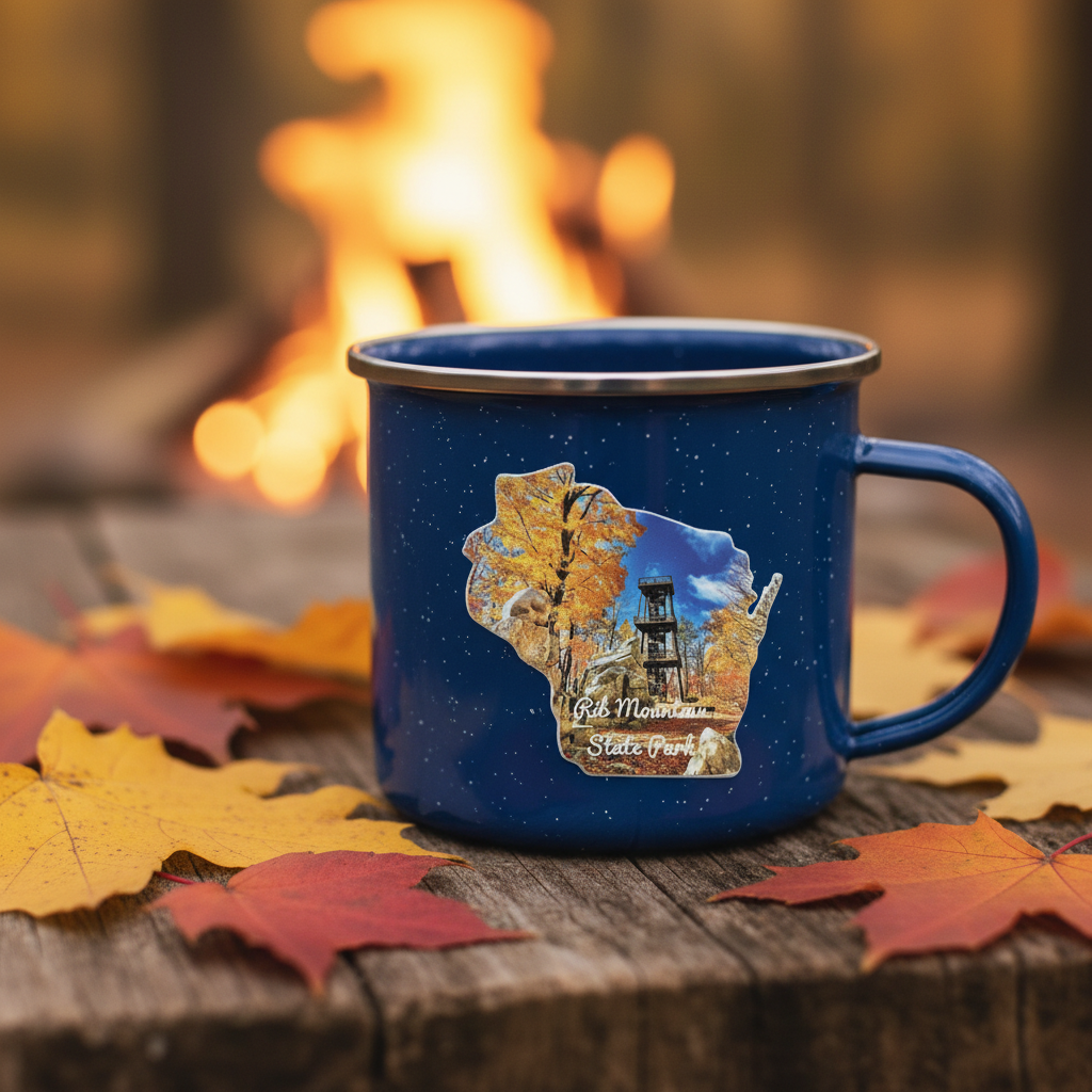 Blue enamel mug with a scenic design on a wooden surface with autumn leaves and a fire in the background