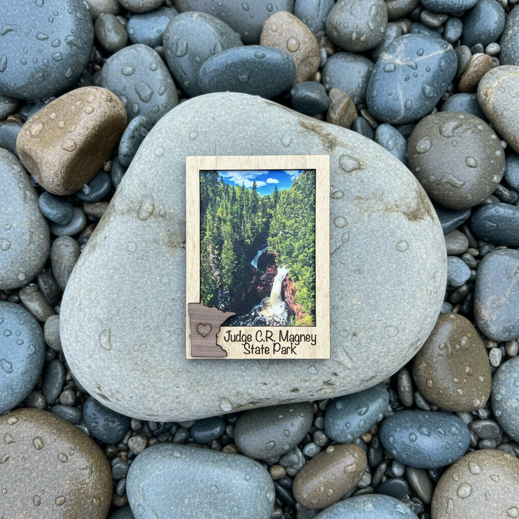 A small rectangular photo print or magnet featuring a forest waterfall scene and the text 'Judge C.R Magney State Park