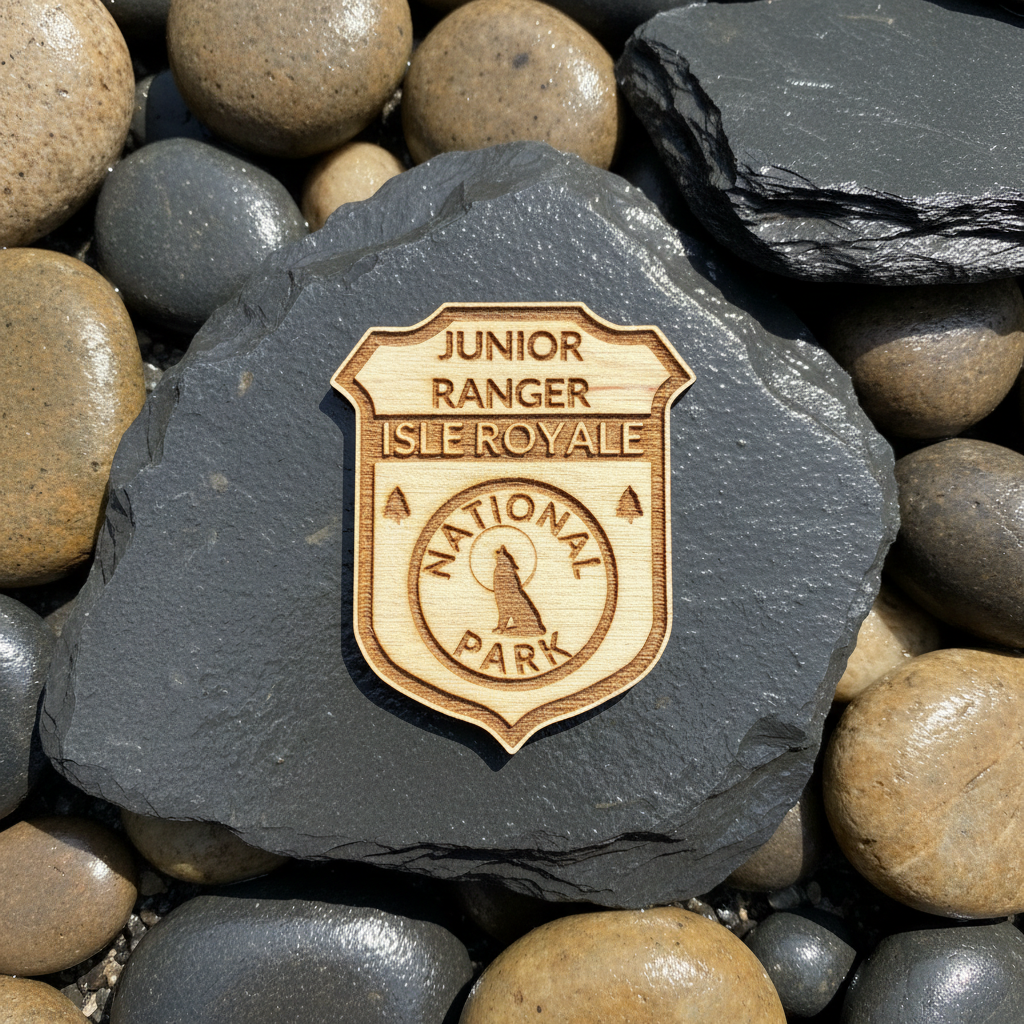 A laser-engraved wooden Junior Ranger badge, displayed on a dark slate rock surrounded by smooth river stones.