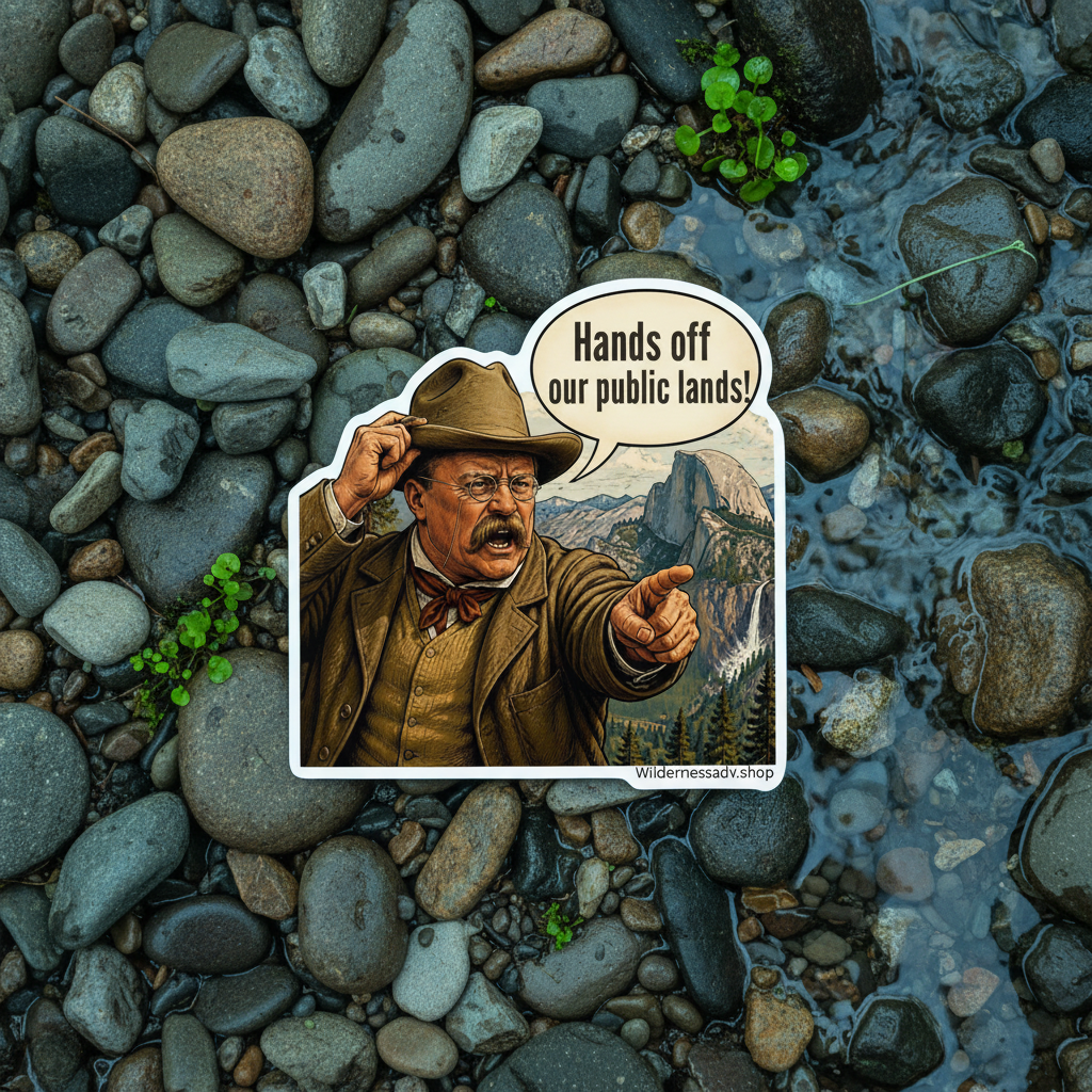 A die-cut sticker featuring a vintage illustration of Theodore Roosevelt pointing outward with a speech bubble that reads 'Hands off our public lands!' The sticker is placed on a bed of wet river rocks and shallow water. Small green plants are visible in the background, and the text 'Wildernessadv.shop’.