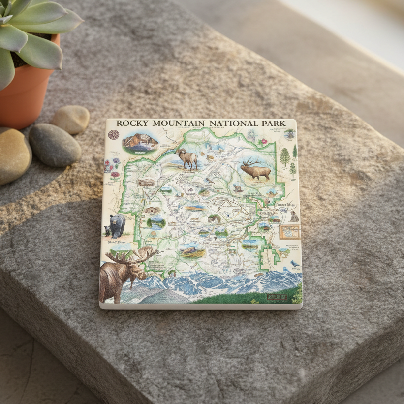 A square ceramic tile coaster featuring an illustrated map of Rocky Mountain National Park, styled on a gray stone slab next to a small potted succulent.