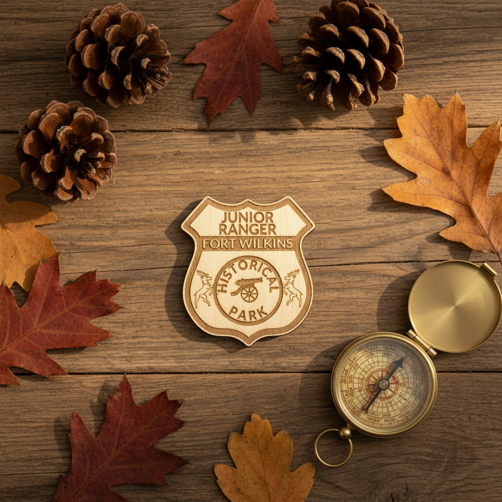 Junior Ranger badge from Fort Wilkins on a wooden surface with pinecones and leaves