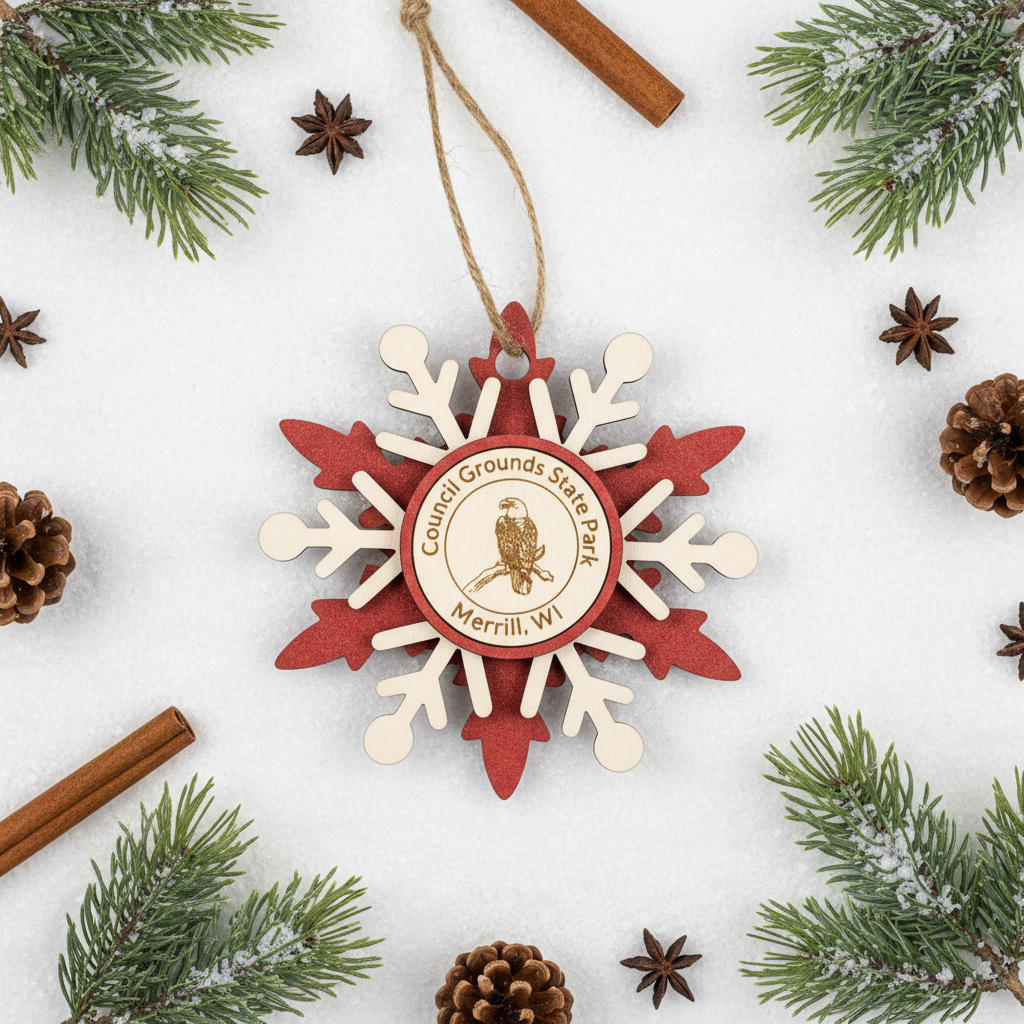 Red and white snowflake-shaped ornament with a logo on a white background with Christmas elements.