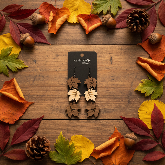 Pair of leaf-shaped earrings on a black card with 'Handmade with Love' text, surrounded by autumn leaves and pinecones on a wooden surface.