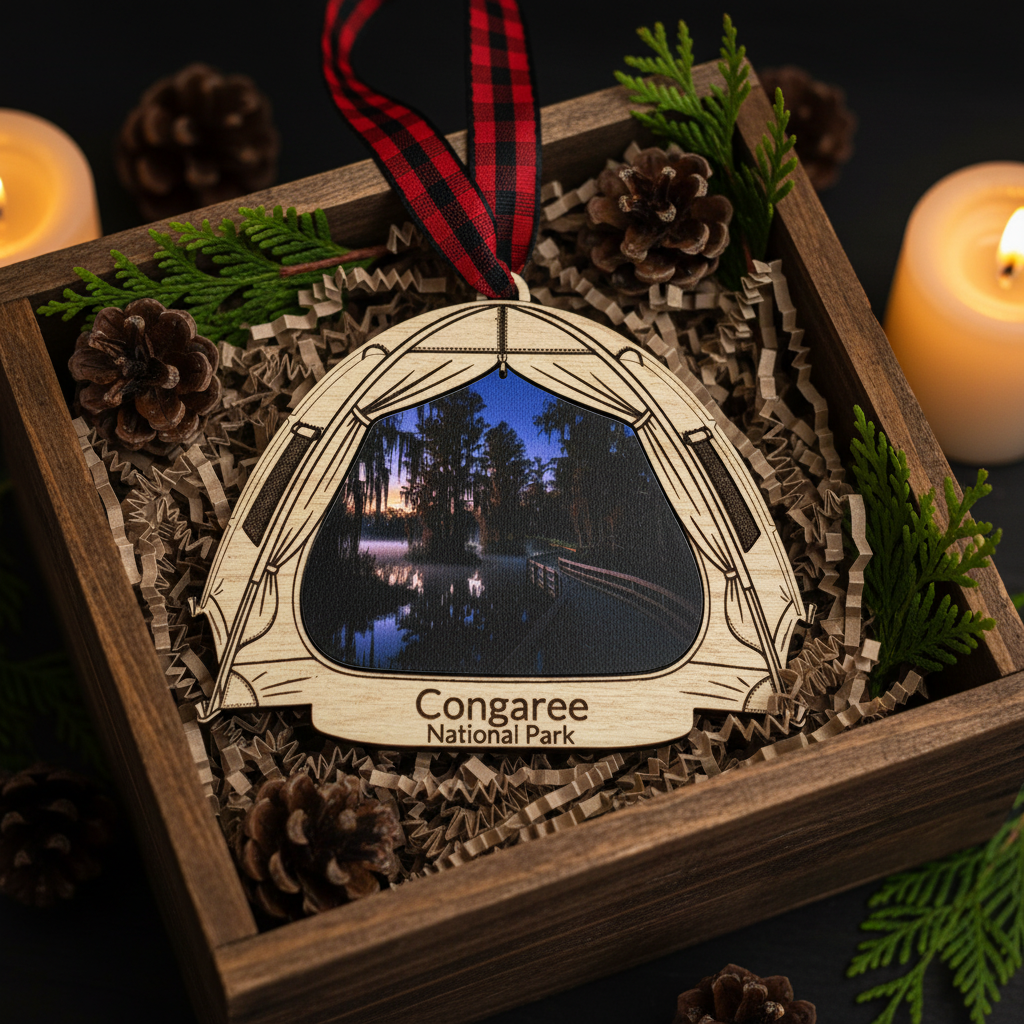 A wooden ornament shaped like a tent with a printed Congaree National Park scene, hanging from a red and black plaid ribbon inside a gift box with pinecones and greenery, with lit candles in the background.