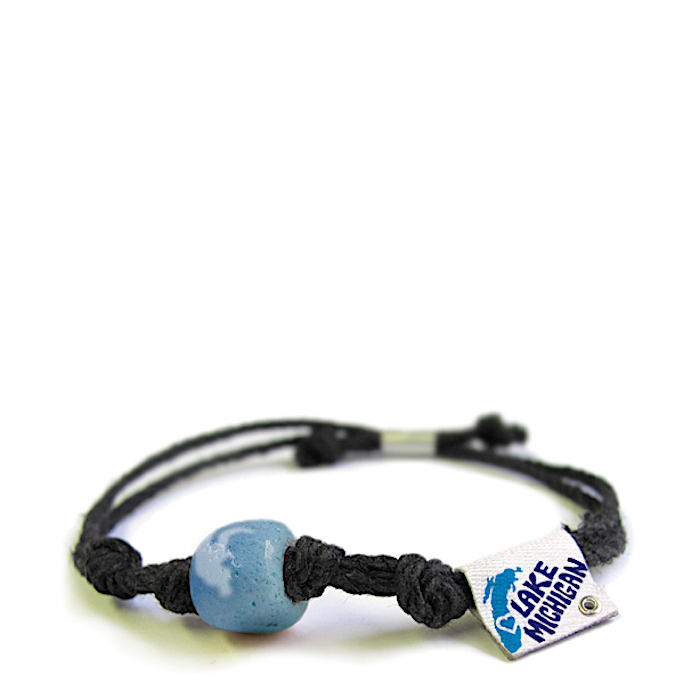 Bracelet with a blue bead and 'Lake Michigan' tag on a white background