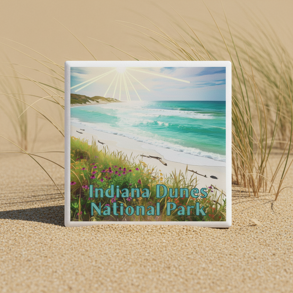 A square printed coaster featuring a beach scene labeled 'Indiana Dunes National Park,' standing upright in sand with beach grass around it.