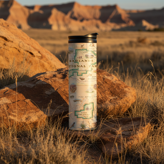 A tall insulated travel tumbler with a black lid stands on a large rock in a desert landscape. The tumbler has a cream-colored wrap featuring a map design labeled 'Badlands National Park' with green and brown details.