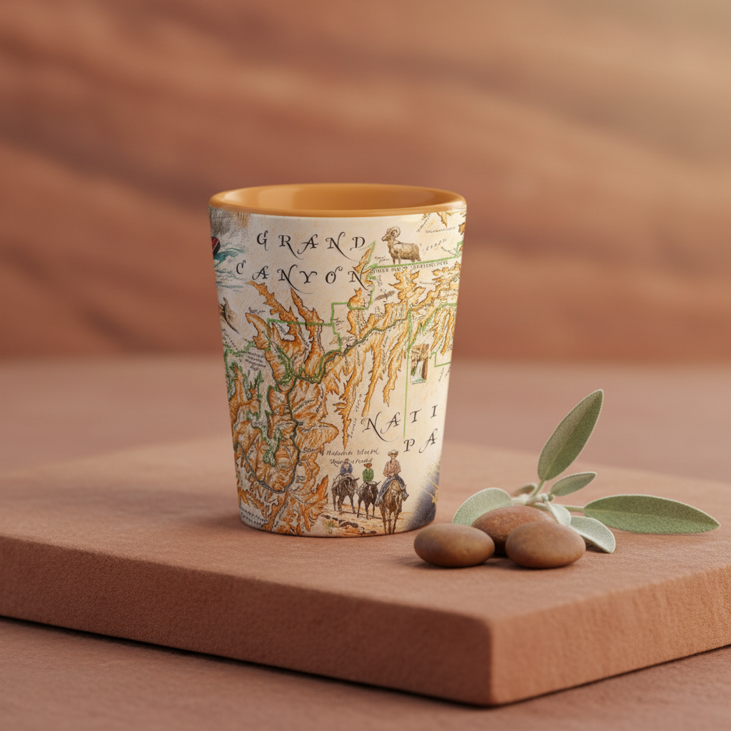 A shot glass with a vintage-style map print featuring the words 'Grand Canyon' sits on a brown wooden block. The cup has a warm cream background with tan, green, and brown map details, and a mustard-gold interior.