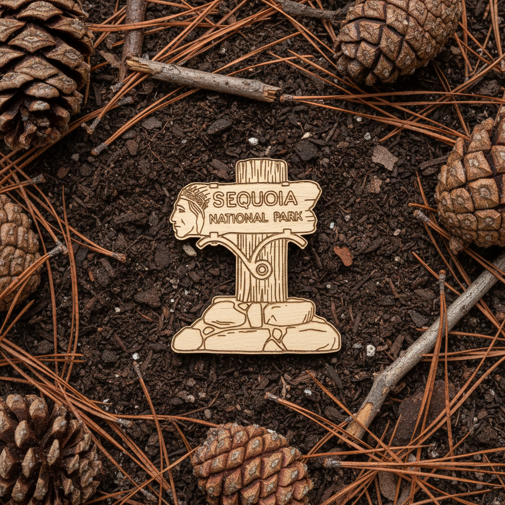 A small wooden Sequoia National Park sign magnet lies on dark soil surrounded by pine needles, twigs, and pinecones.