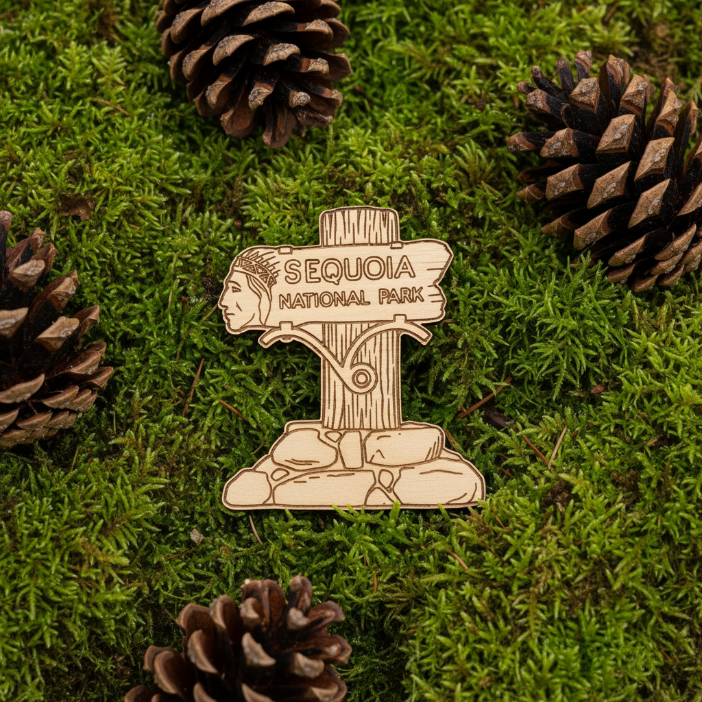 A wooden Sequoia National Park sign magnet is displayed on a bed of green moss, surrounded by pine cones.