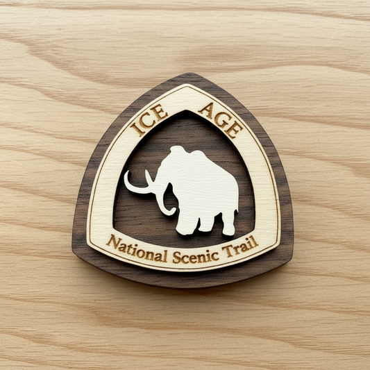 Wooden magnet with ice age design on a wooden surface