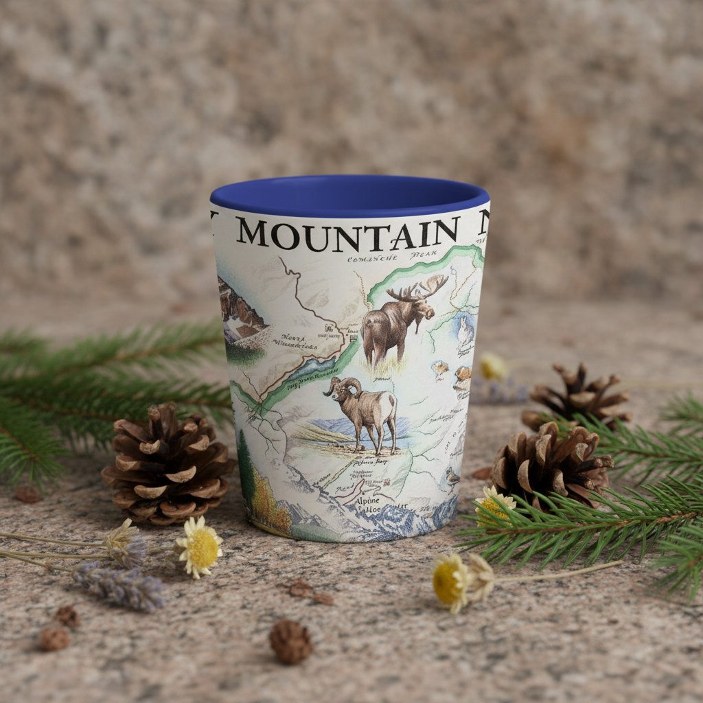A tapered shot glass featuring a vintage-style illustrated map of the Great Basin with bighorn sheep and a moose, finished with a solid dark blue interior set against granite rock with pinecones.