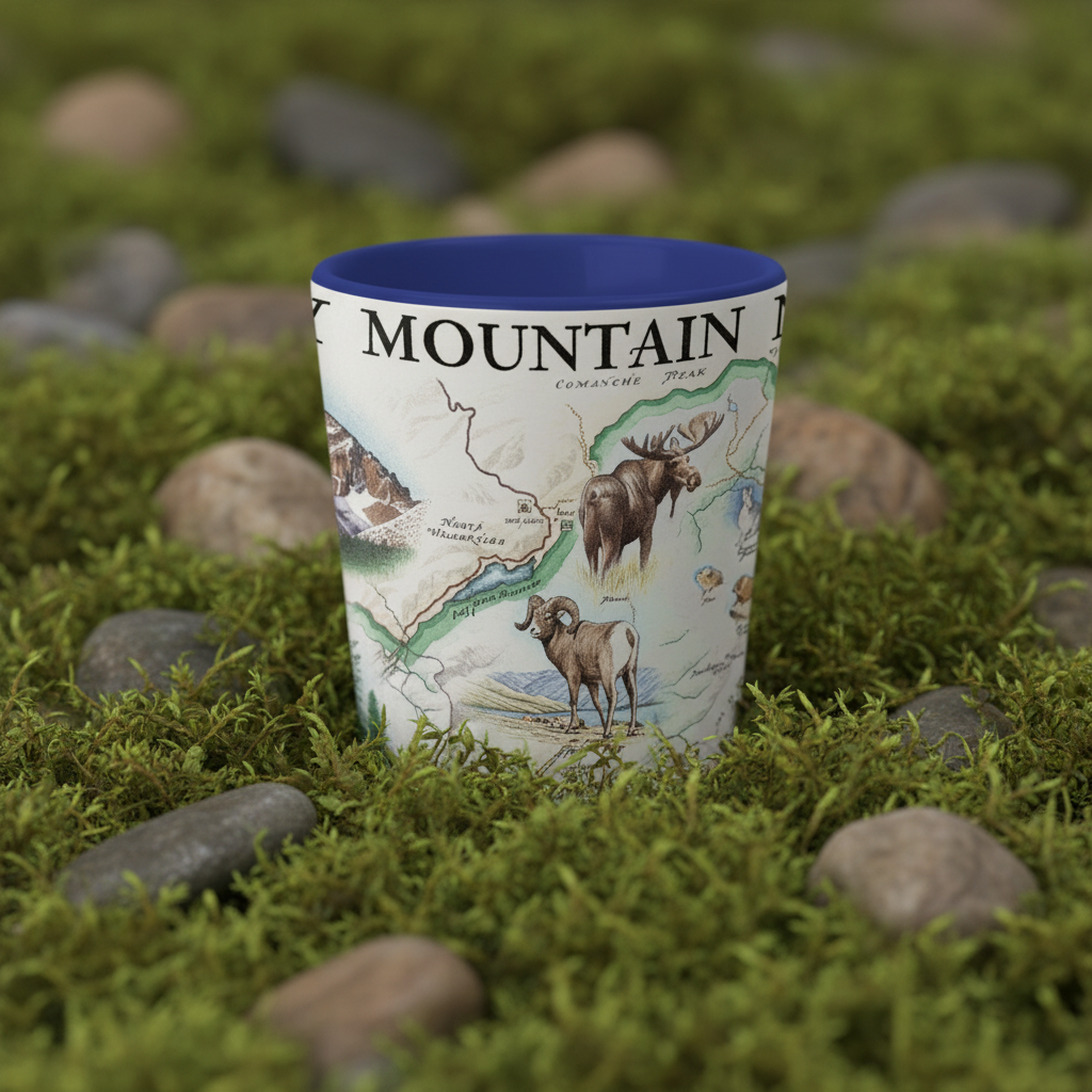 A tapered shot glass featuring a vintage-style illustrated map of the Great Basin with bighorn sheep and a moose, finished with a solid dark blue interior sitting on moss.