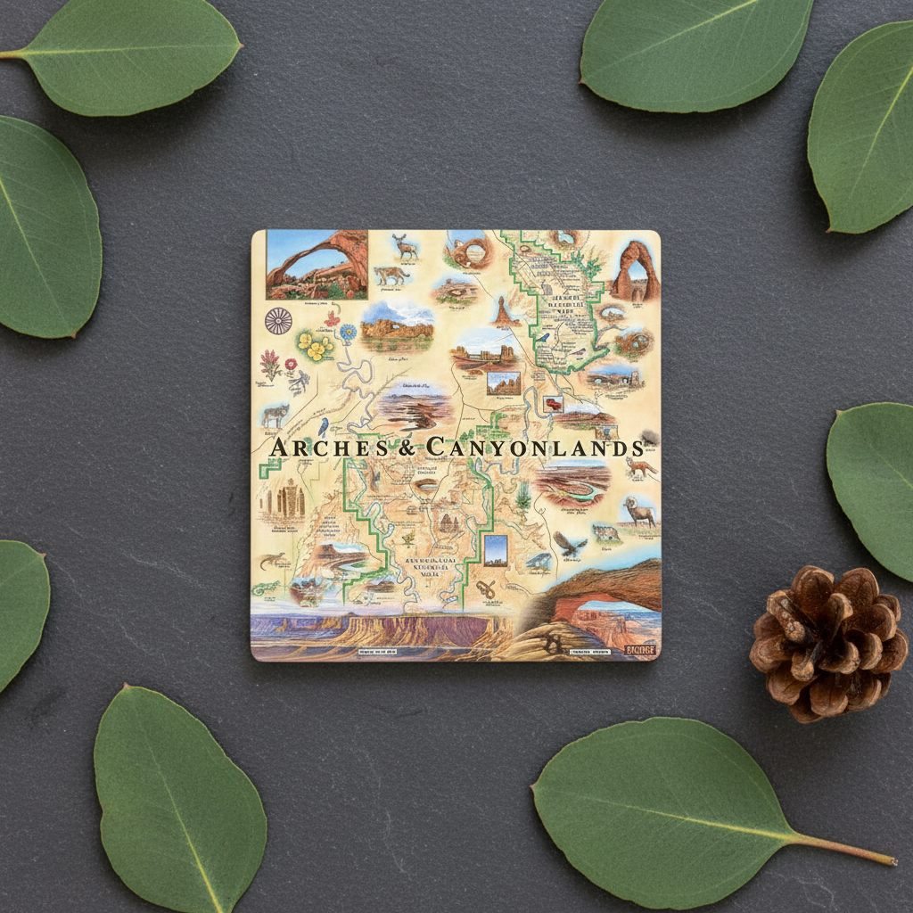 A square coaster featuring a detailed illustrated map of Arches National Park and Canyonlands, styled flat-lay on a dark slate background with green eucalyptus leaves and a pinecone.