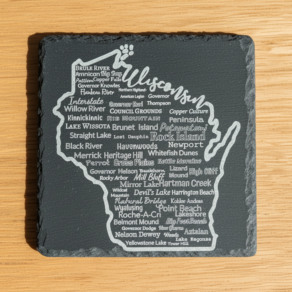 Slate coaster with engraved map of Wisconsin on a wooden surface