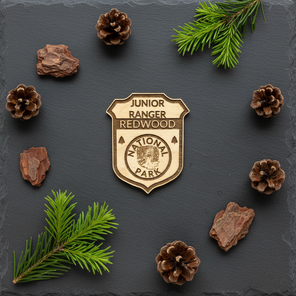 A shield-shaped wooden badge reading 'JUNIOR RANGER REDWOOD NATIONAL PARK' is centered on a dark slate background, surrounded by pine branches, pinecones, and small bark pieces in a flat-lay arrangement.
