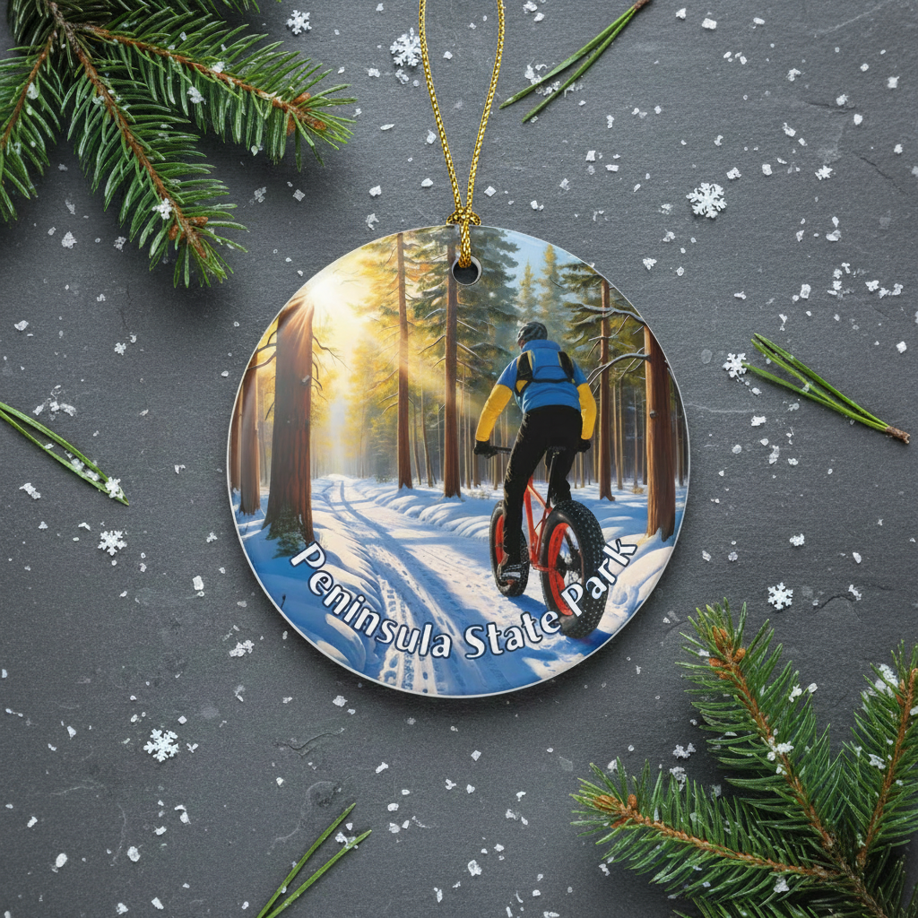 Round ornament with a person on a bike in a forest design, surrounded by pine branches and snowflakes.