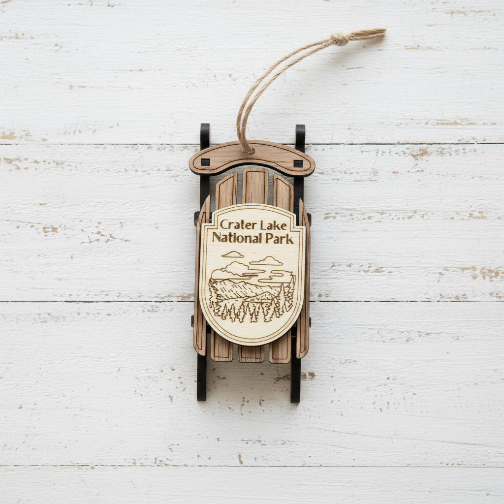 Crater Lake national Park sled ornament laid against rustic, white shiplap boards