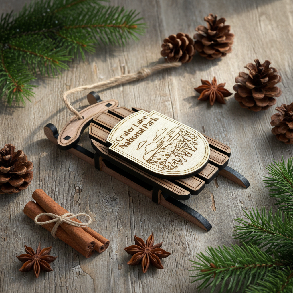 Crater Lake sled ornament on rustic wood planking with Evergreen boughs and rustic elements