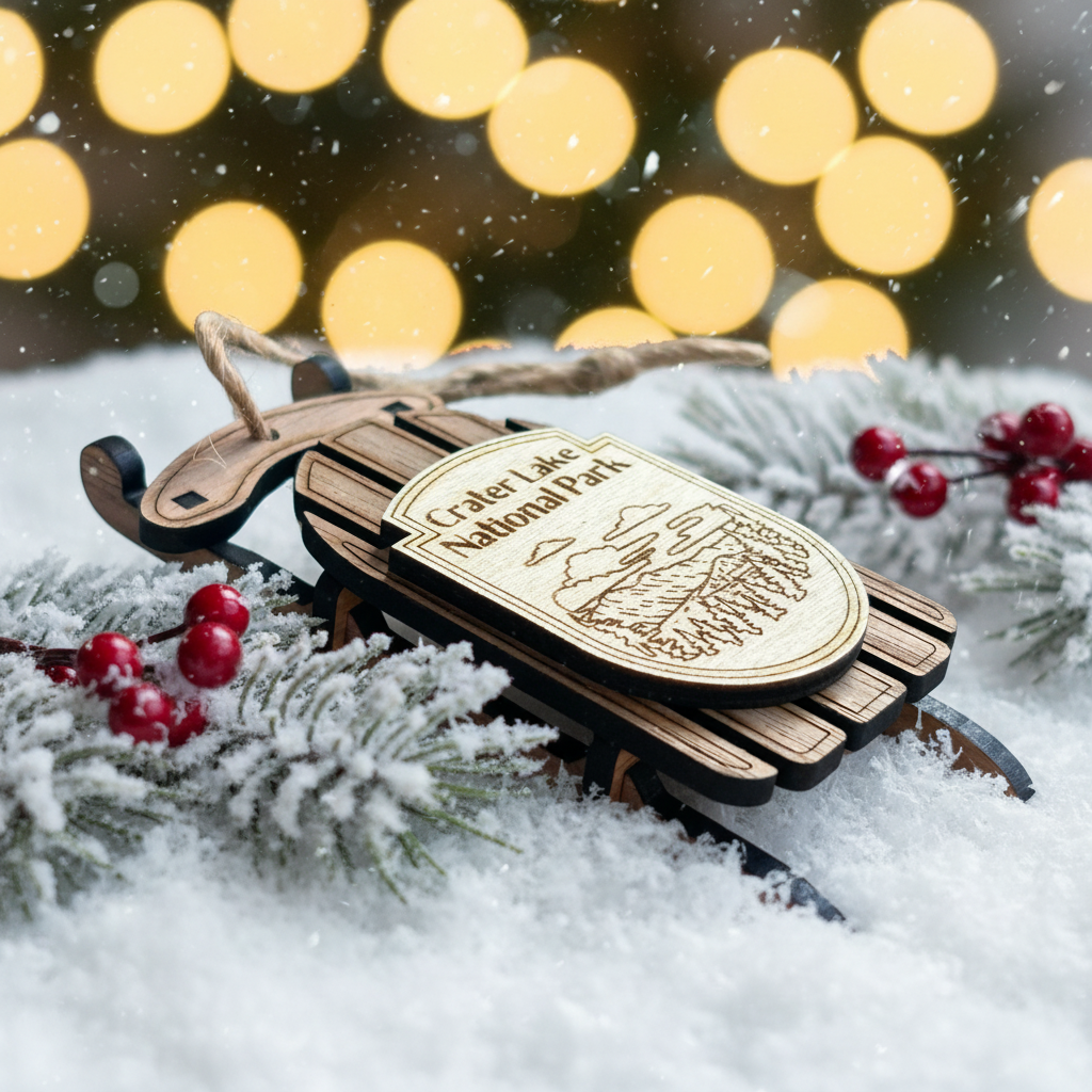 Crater Lake ornament in snow with twinkling lights in the background
