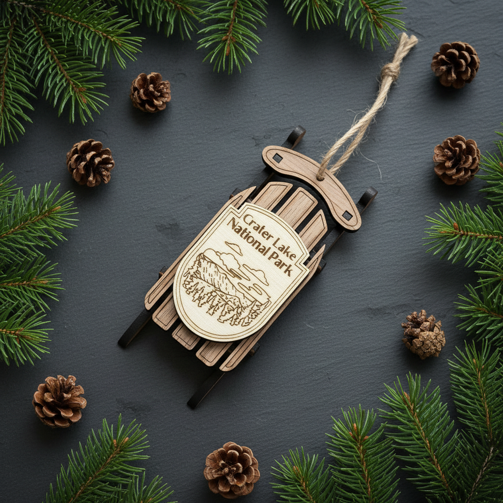 Crater Lake ornament against a slate background with pinecones and natural elements