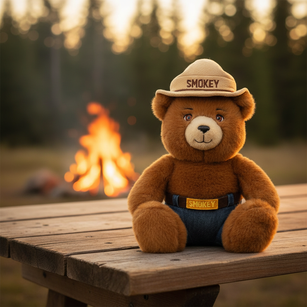 A plush teddy bear wearing a tan Smokey hat and blue pants sits on a wooden picnic table with a blurred campfire and forest in the background.
