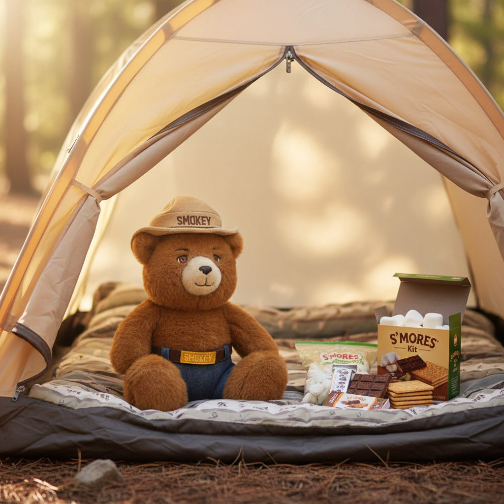 A teddy bear wearing a 'SMOKEY' camp hat and blue pants sits inside a beige camping tent, surrounded by snacks including marshmallows, gummy bears, and a box of S'mores on a forest floor.