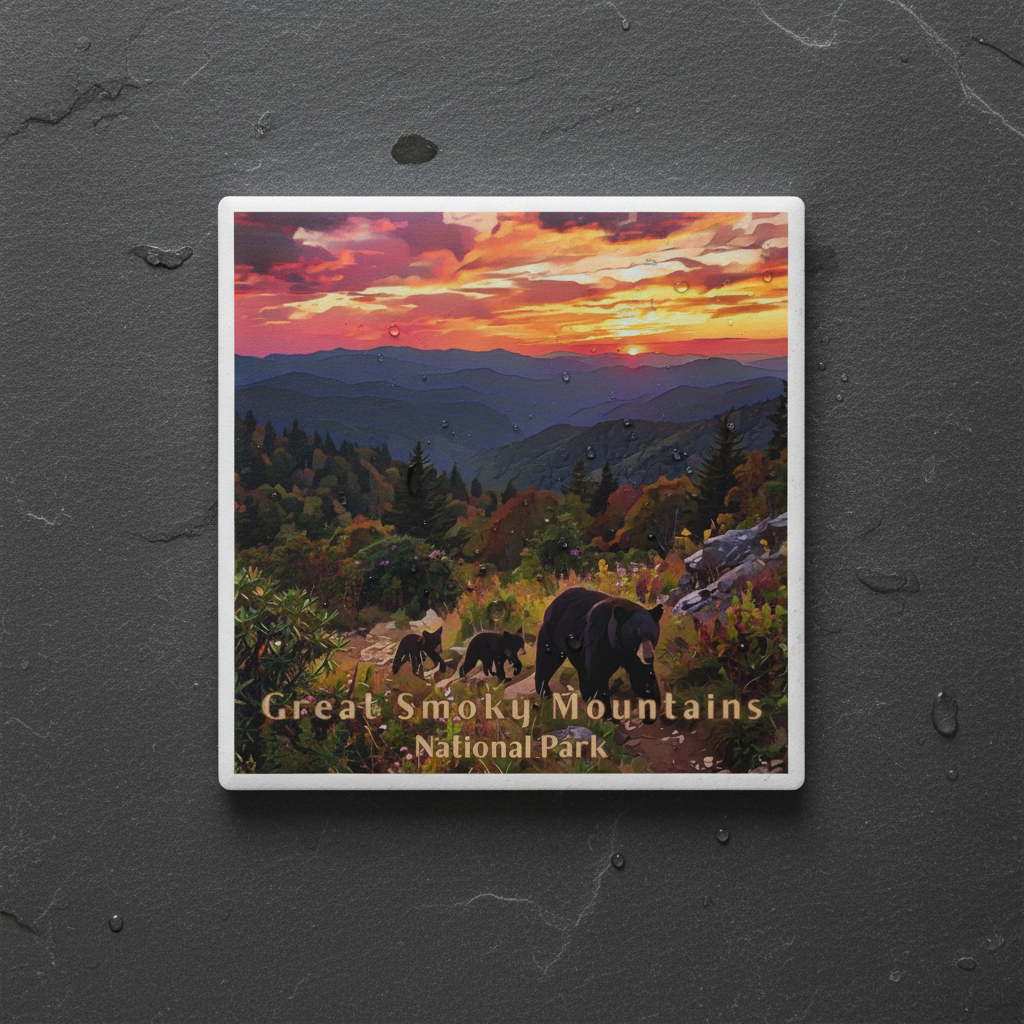 Coaster with a scenic design of bears in the Great Smoky Mountains National Park at sunset.