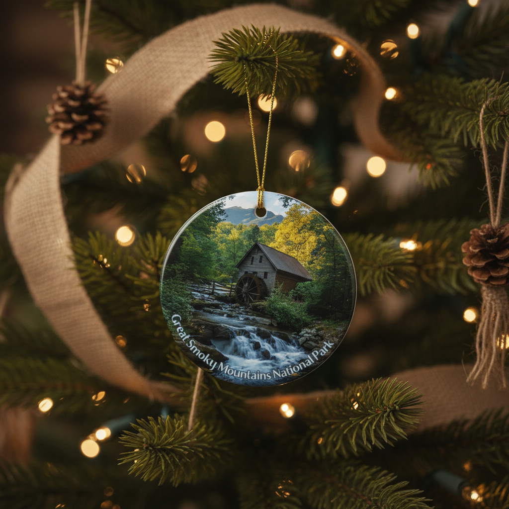 Decorative ornament with a scenic view of a cabin in the woods, hanging on a Christmas tree.
