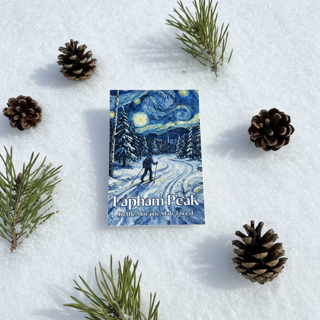  'Lapham Peak' winter night skiing decal surrounded by pine cones and branches on a snowy background