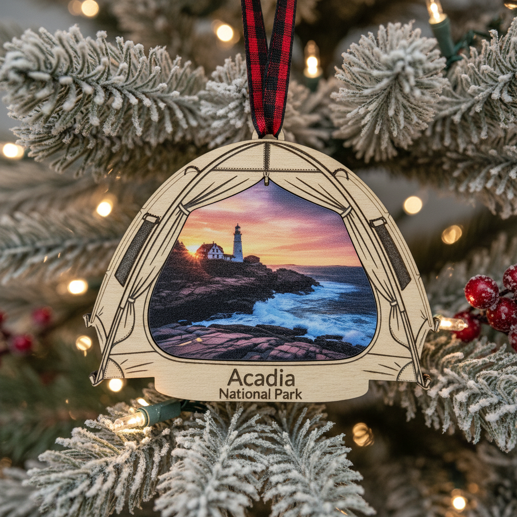 A personalized wooden Christmas ornament shaped like a tent, hanging from a red and black plaid ribbon on a decorated Christmas tree. The ornament features a printed scenic image of the Acadia National Park lighthouse at sunset and has the text 'Acadia National Park' printed at the bottom.