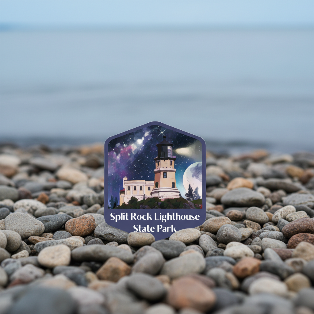 Decorative sticker of Split Rock Lighthouse State Park on pebbles with ocean in the background
