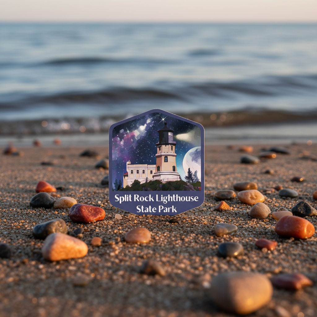 Hexagonal sticker with Split Rock Lighthouse State Park design on a beach with pebbles and water in the background.