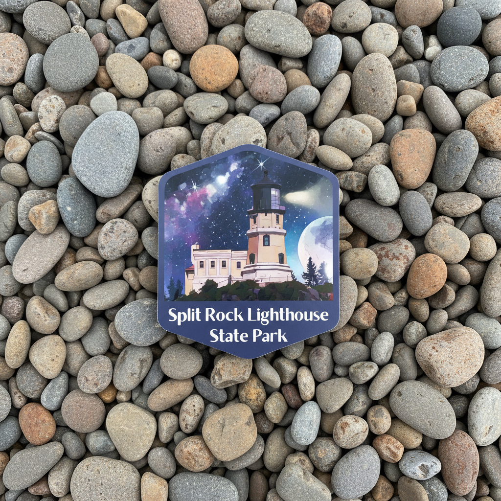 Hexagonal sticker of Split Rock Lighthouse State Park on a bed of pebbles.