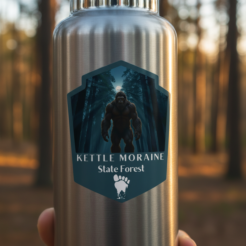 Kettle Moraine State Forest Sticker on Hydro Flask being held up in the woods. 