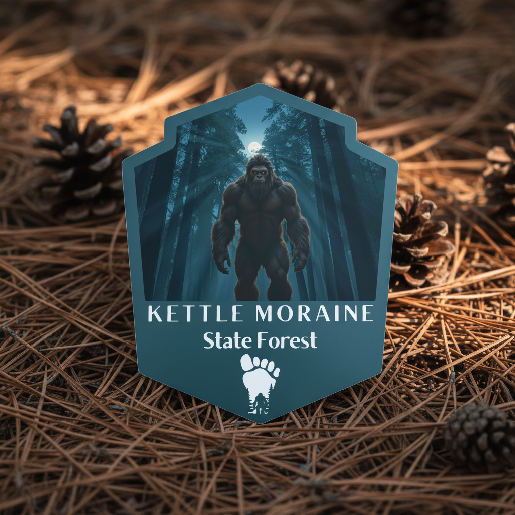 Bigfoot Sticker in a moon lite forest displayed on Pine Needles