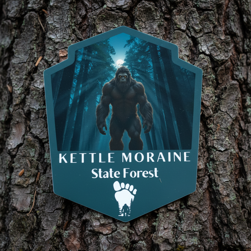 Sticker with an Sasquatch and forest design on Kettle Moraine State Forest, displayed against a tree.