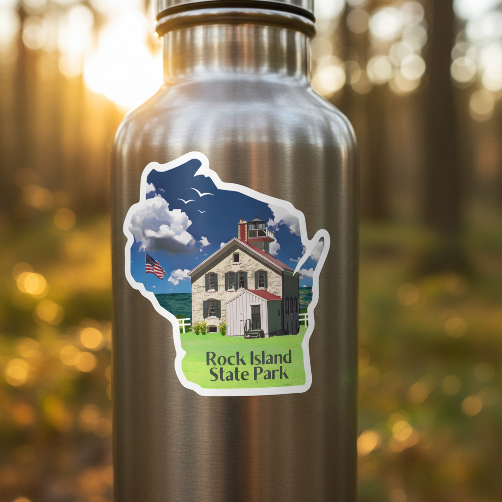 Stainless steel water bottle with a 'Rock Island State Park' sticker against a blurred forest background.