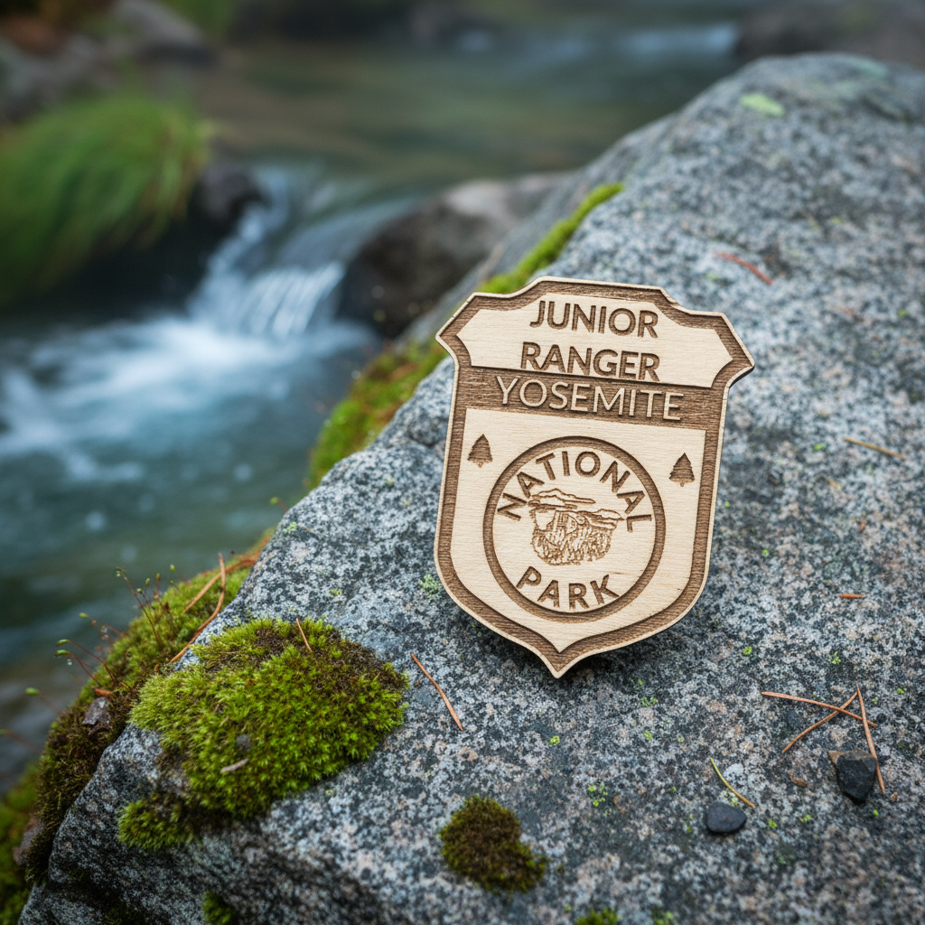 Yosemite national Park Junior Ranger badge sitting on a granite rock with a stream in the background